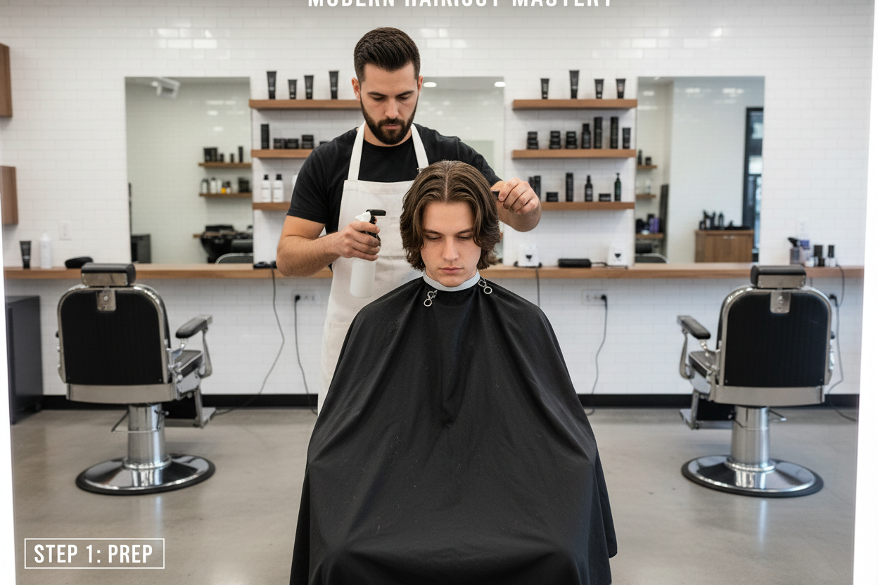 A person preparing their head for a haircut in a clean barbershop setting